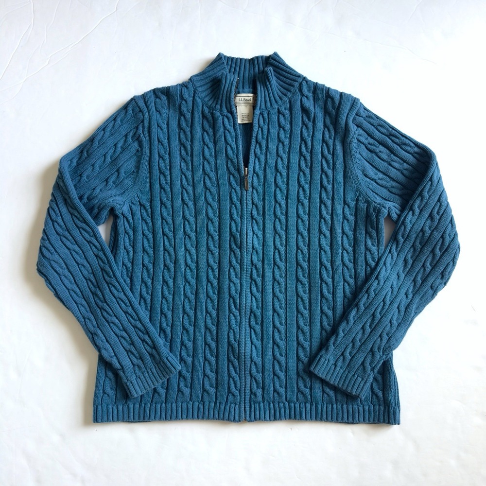 LL Bean Cable Knit Full Zip Cardigan Sweater Womens M Teal Blue Preppy Fisherman
